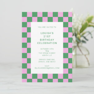 Retro Chequerboard Pink Green 21st Birthday Party Invitation