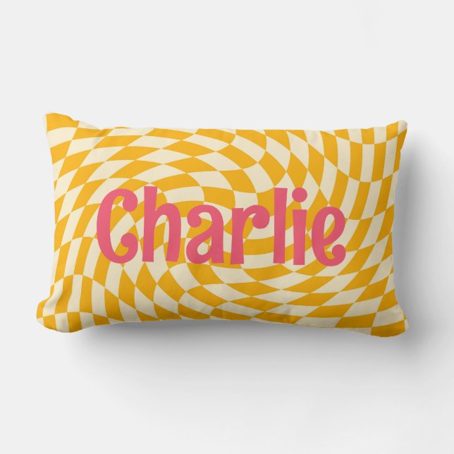 Retro chequerboard swirl wave add name yellow pink lumbar pillow (Front)