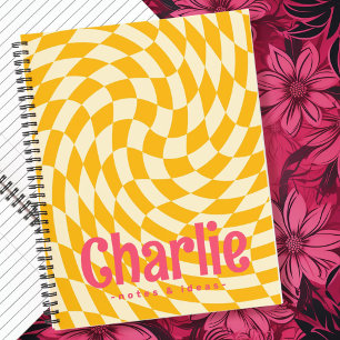 Retro chequerboard swirl wave add name yellow pink notebook