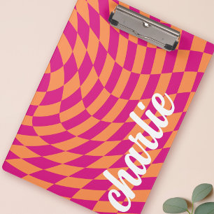Retro chequerboard swirl wave hot pink orange clipboard
