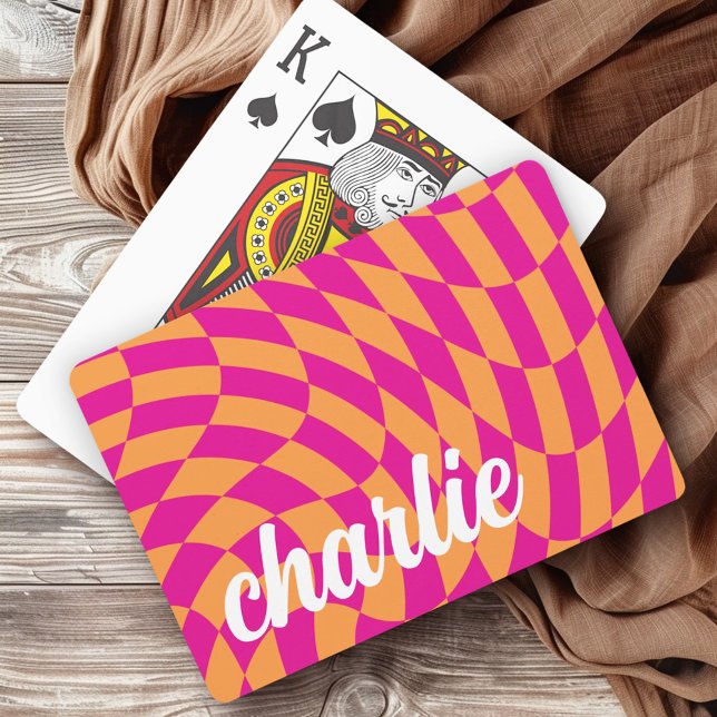 Retro chequerboard swirl wave hot pink orange playing cards (Retro checkerboard swirl wave hot pink orange playing cards)