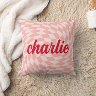 Retro chequerboard swirl wave light blush pink red throw pillow