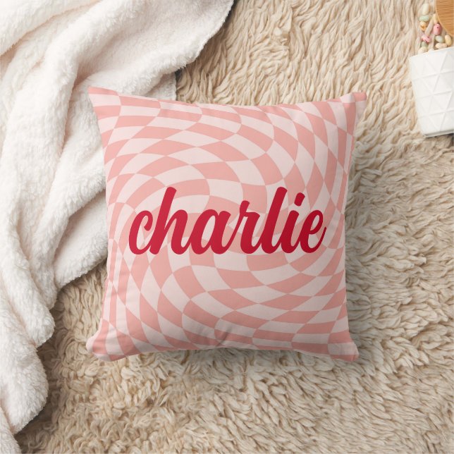 Retro chequerboard swirl wave light blush pink red throw pillow (Blanket)