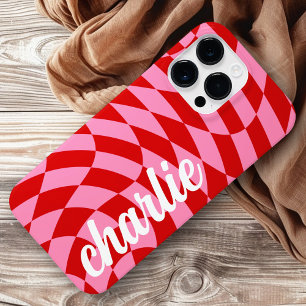 Retro chequerboard swirl wave pink red Case-Mate iPhone 14 pro max case