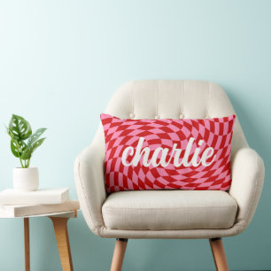 Retro chequerboard swirl wave pink red orange lumbar pillow