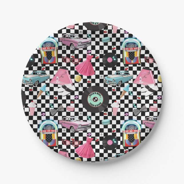 Retro Chequered 50's Fifties Theme Birthday Party Paper Plate (Front)