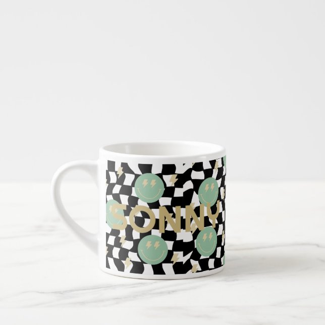 Retro Chequered and Lightening Bolts Name Kid Mug (Left)