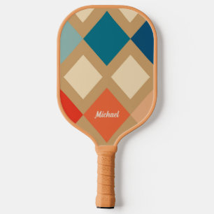 Retro Chequered Beige Blue Orange Monogram Pickleball Paddle