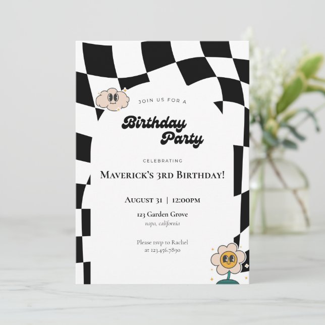 Retro Chequered Birthday Invitation (Standing Front)