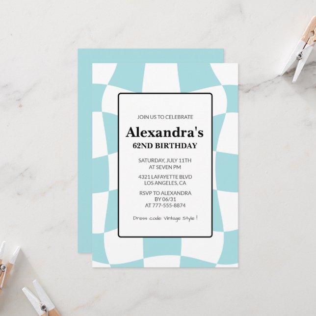 Retro Chequered Blue 62nd birthday invitations  (Front/Back In Situ)
