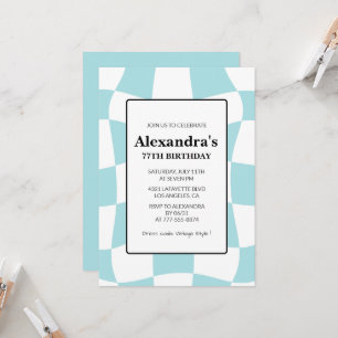 Retro Chequered Blue 77th birthday invitations 