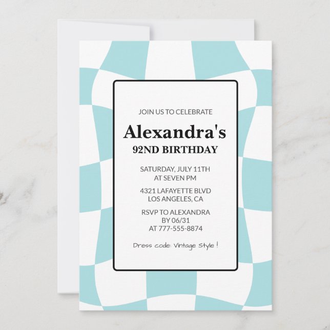 Retro Chequered Blue 92nd birthday Invitation (Front)
