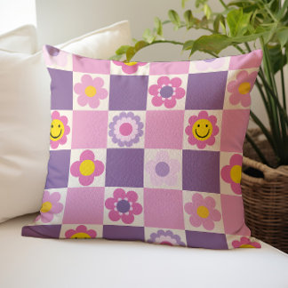 Retro Chequered Chequered Y2K Floral Pattern Throw Pillow