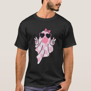Retro Chequered Cute Pink Ghost Blowing Bubble Gum T-Shirt
