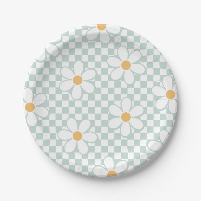Retro Chequered Daisy mint birthday Paper Plates (Front)