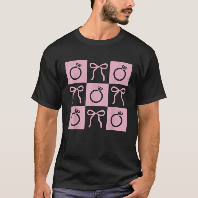 Retro Chequered Engagement Coquette Bow Wedding Ri T-Shirt (Front)