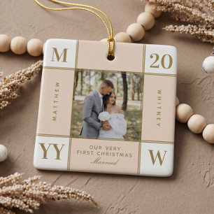 Retro Chequered First Christmas Married Photo Ceramic Ornament