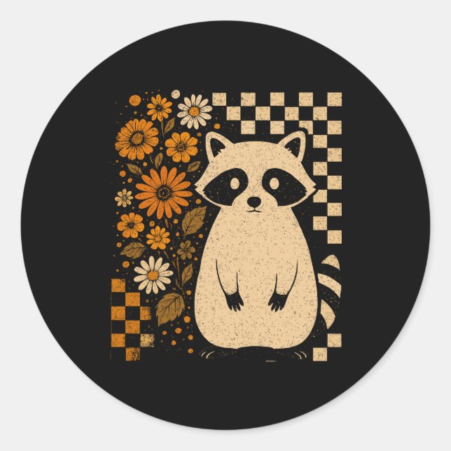 Retro Chequered Halloween Raccoon Classic Round Sticker (Front)