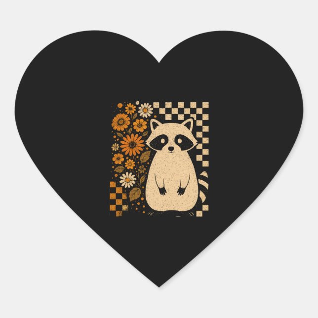 Retro Chequered Halloween Raccoon Heart Sticker (Front)