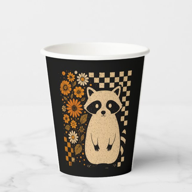Retro Chequered Halloween Raccoon Paper Cups (Front)