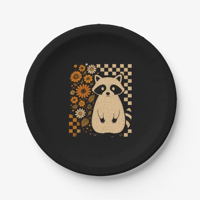 Retro Chequered Halloween Raccoon Paper Plate (Front)
