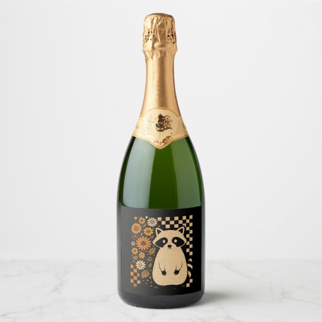 Retro Chequered Halloween Raccoon Sparkling Wine Label (Front)