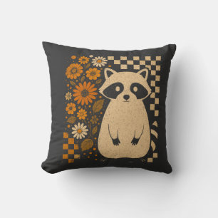 Retro Chequered Halloween Raccoon Throw Pillow