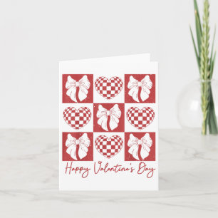Retro Chequered Heart Coquette Bow Happy Valentine Card