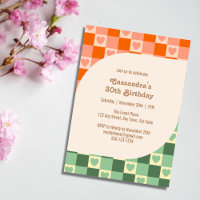 Retro Chequered Heart Green Orange Birthday
