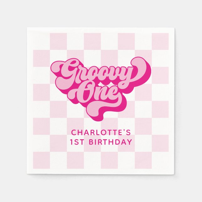 Retro Chequered Hot Pink Groovy One Napkin (Front)