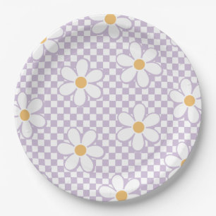 Retro Chequered Lilac Daisy birthday Paper Plate