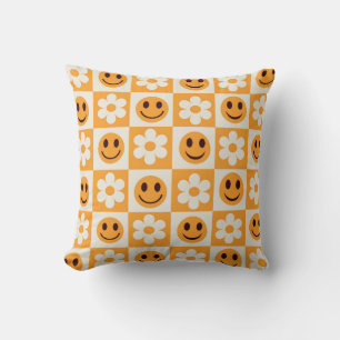 Retro Chequered Orange Happy Face and Daisy Floral Throw Pillow