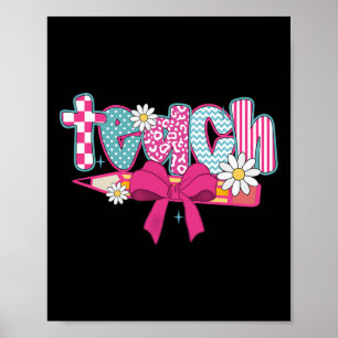 Retro Chequered Teacher Pencil Coquette Bow Back T Poster