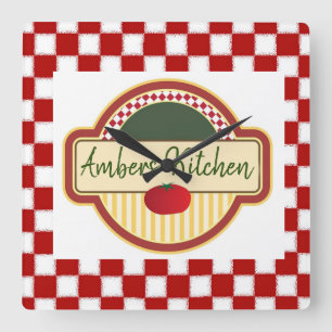 Retro Chequered with Tomato Square Wall Clock