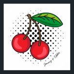 Retro Cherries Comic Book Food Pop Art Poster<br><div class="desc">Funky retro popart style print of a red cherries illustration,  over a circle of halftone black dots. Editable text wraps around the bottom corner of the artwork,  for you to customise with names or a message</div>