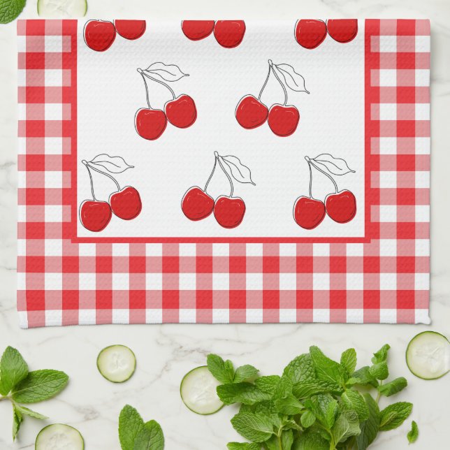 Retro Cherries Red Gingham Country  Farmhouse Kitchen Towel (Folded)