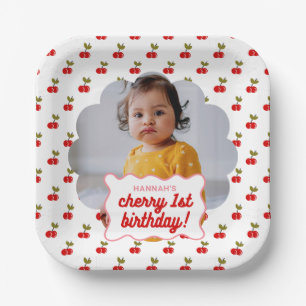 Retro Cherry 1st Birthday Photo Party Paper Plate