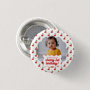 Retro Cherry 1st Birthday Scallop Photo Party 1 Inch Round Button