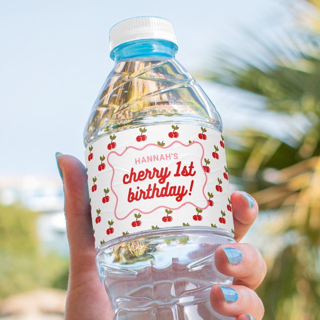 Retro Cherry 1st Birthday  Water Bottle Label (Creator Uploaded)