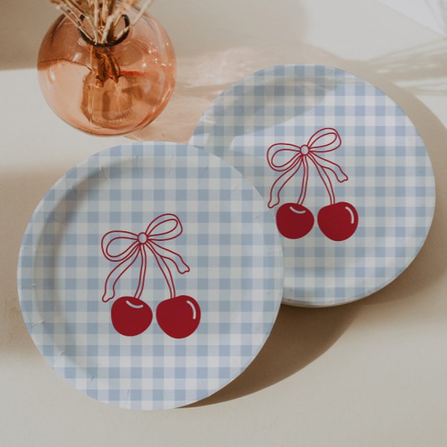 Retro Cherry Blue Gingham Birthday Paper Plate (Creator Uploaded)