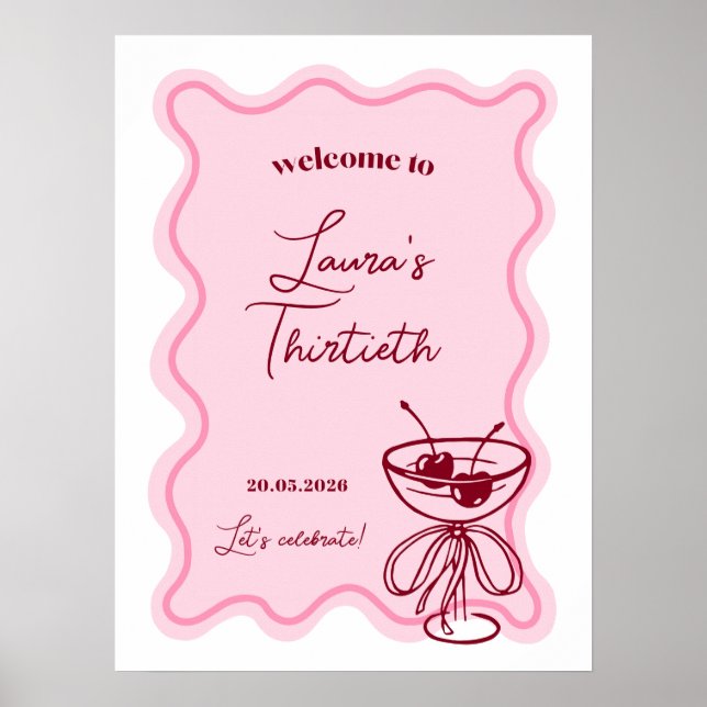 Retro Cherry Cocktail Birthday Party Welcome Sign (Front)