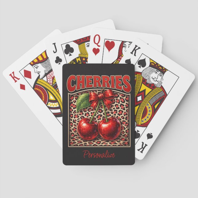 Retro Cherry Coquette Trendy Bow Design on Leopard Playing Cards (Back)