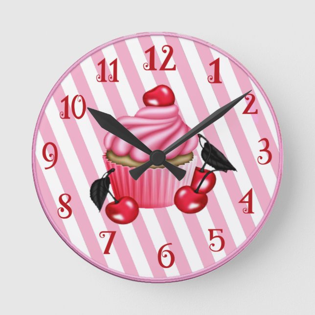 Retro Cherry Cupcake Wall Round Clock (Front)