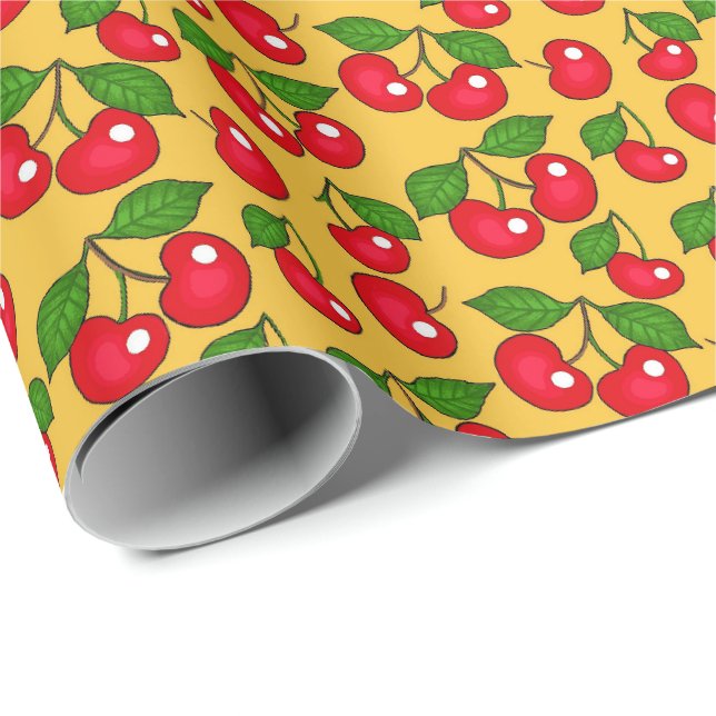 Retro Cherry Design / Yellow  Wrapping Paper (Roll Corner)