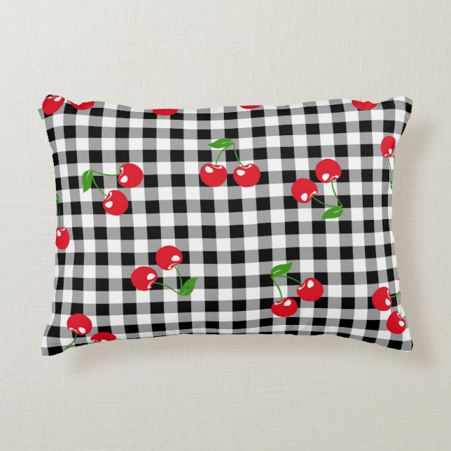 Retro Cherry Gingham Cute Red & Black Chequered  Accent Pillow (Front)