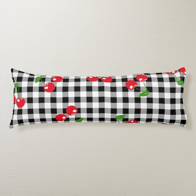 Retro Cherry Gingham Cute Red & Black Chequered  Body Pillow (Front)