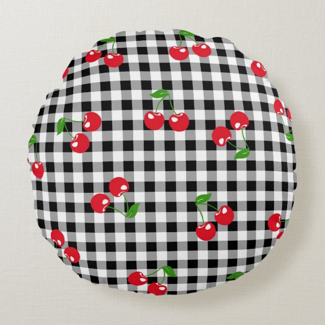 Retro Cherry Gingham Cute Red & Black Chequered  Round Pillow (Front)