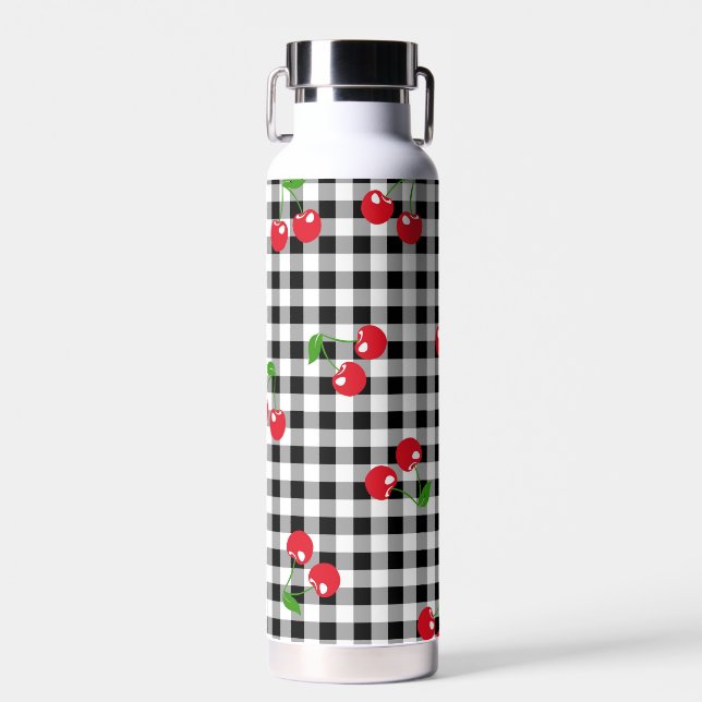 Retro Cherry Gingham Cute Red & Black Chequered  Water Bottle (Front)