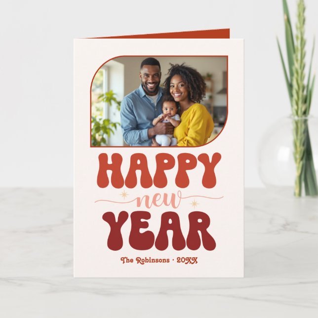 Retro Cherry Happy New Year Retro Groovy Photo Holiday Card (Front)