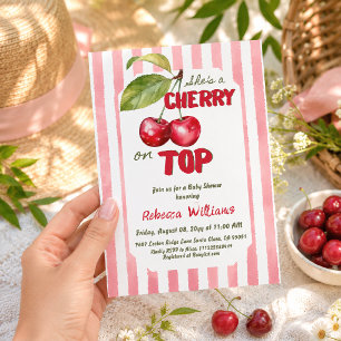 Retro Cherry on Top Pink Stripe Baby Shower Invitation